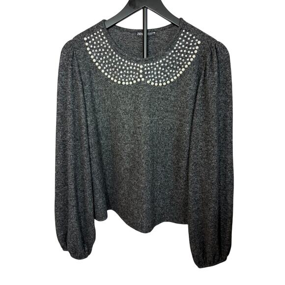 Zara womens gray sweater bejeweled collar detail.  Size L. - Picture 1 of 6
